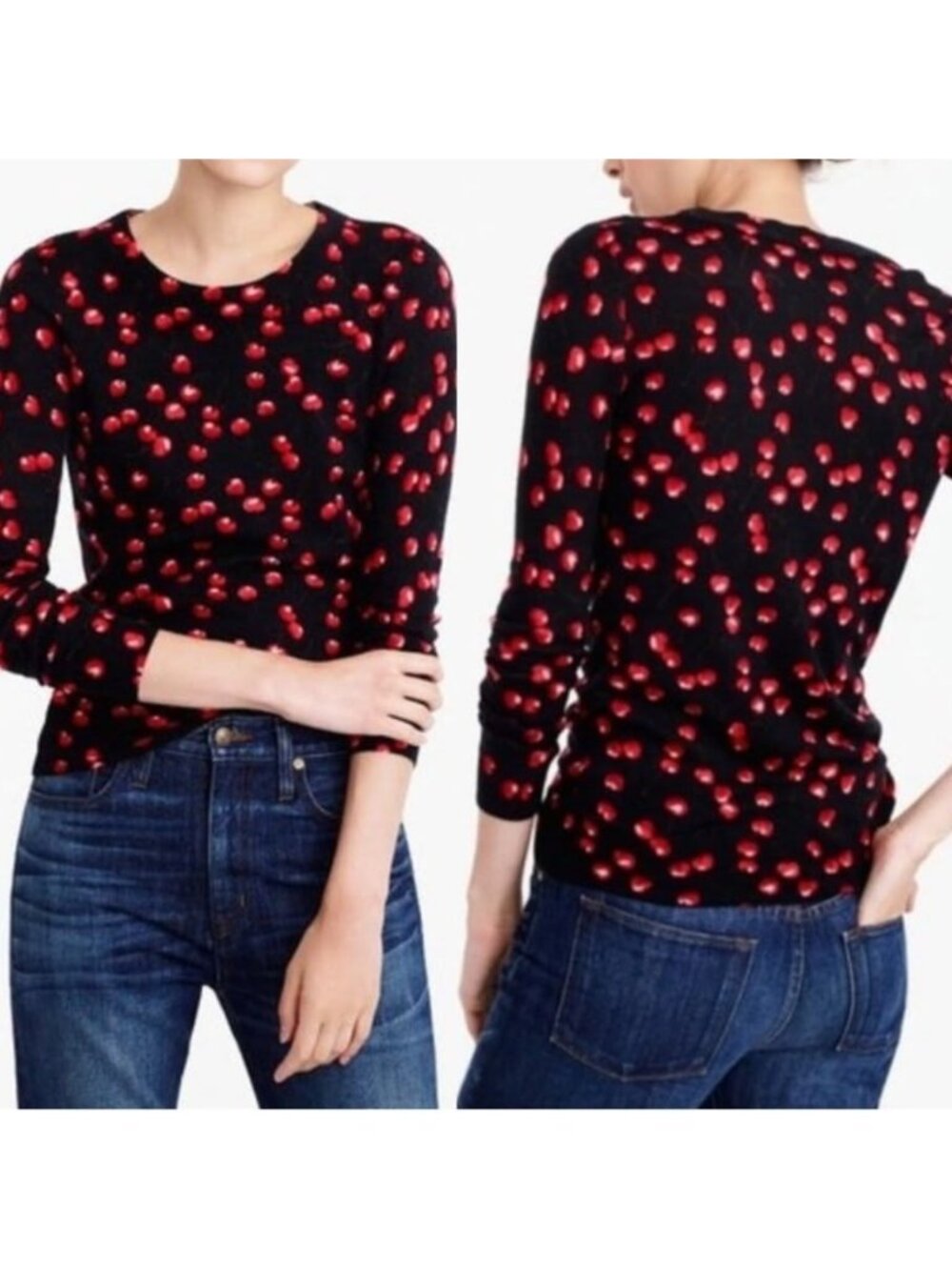 J.Crew 100% Merino Wool Cherry Print Sweater Women’s S Black Red Tippi Crewneck